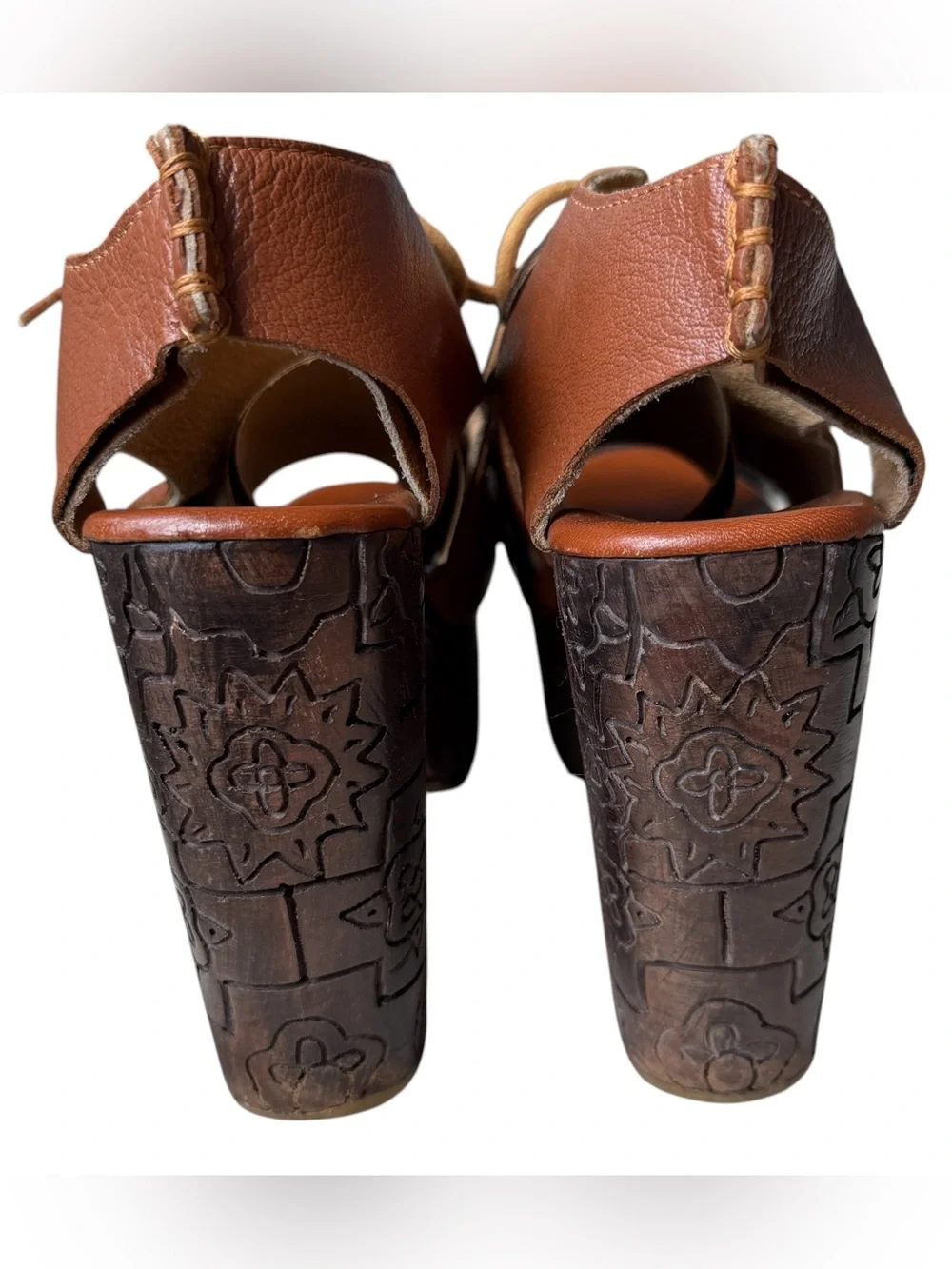 Free People Platform Clog Heels Womens 38 7.5 Brown Leather Wood Farrah Lace Up